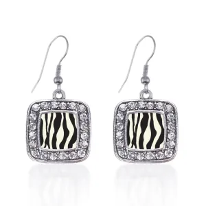 Silver Zebra Print Square Charm Dangle Earrings