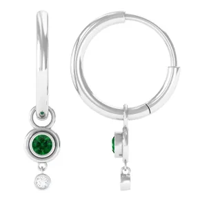 Simple Lab Grown Emerald and Diamond Drop Hoop Earrings