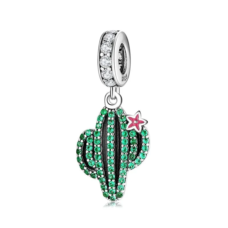 Simple Style Cactus Flower Bird Sterling Silver Epoxy Inlay Zircon Pendants