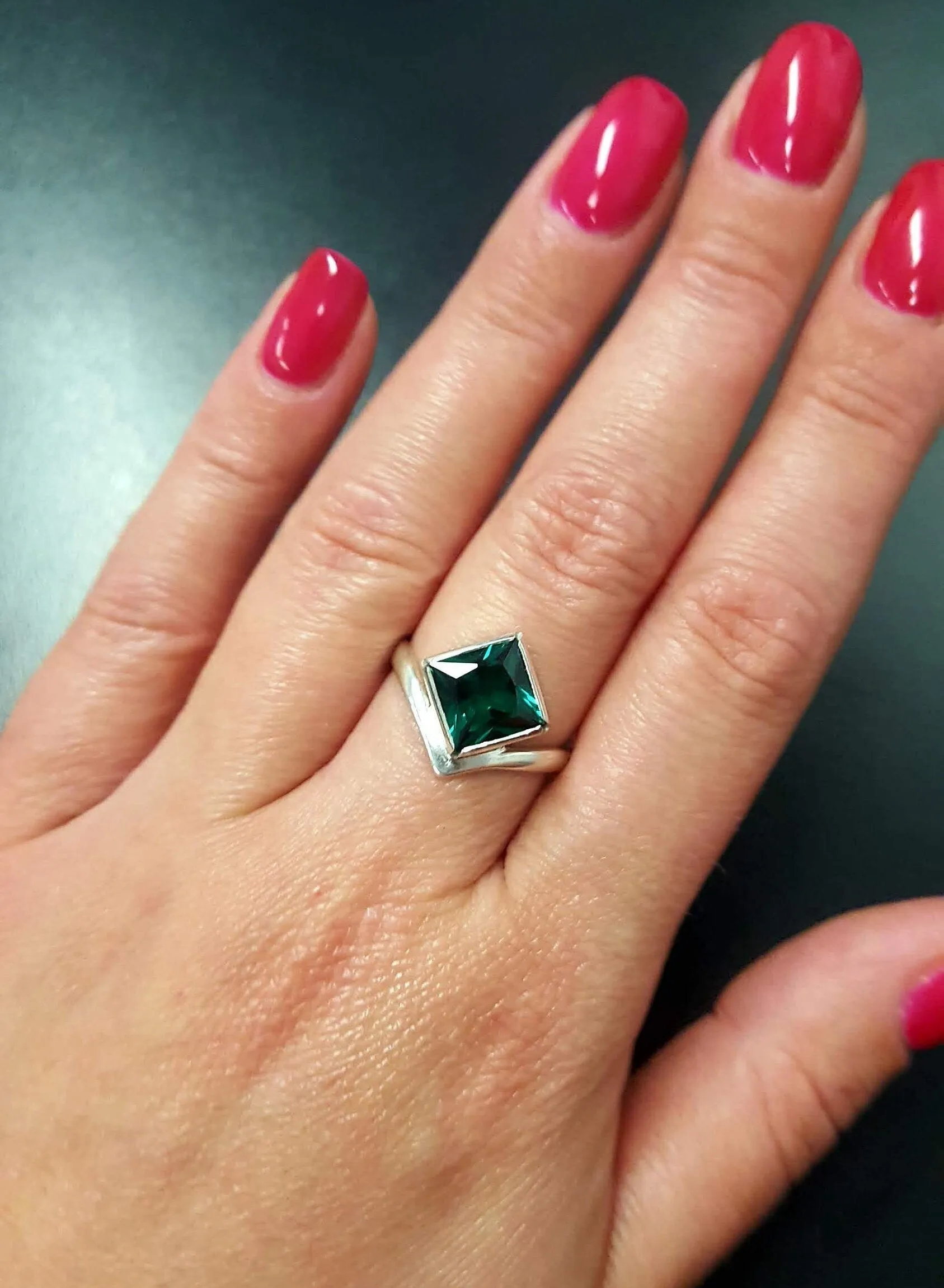 Square Emerald Ring - Green Asymmetric Ring - Vintage Square Ring