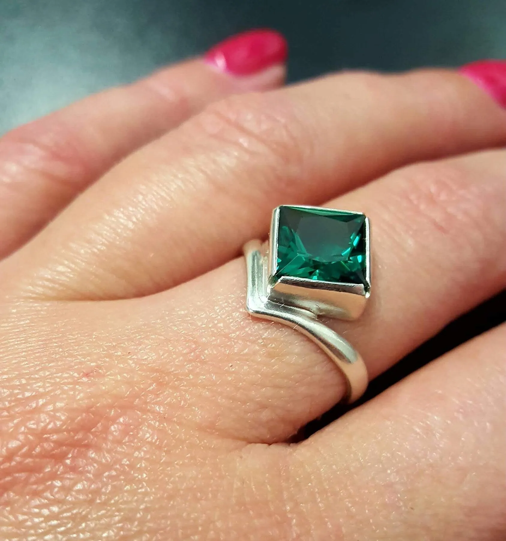 Square Emerald Ring - Green Asymmetric Ring - Vintage Square Ring