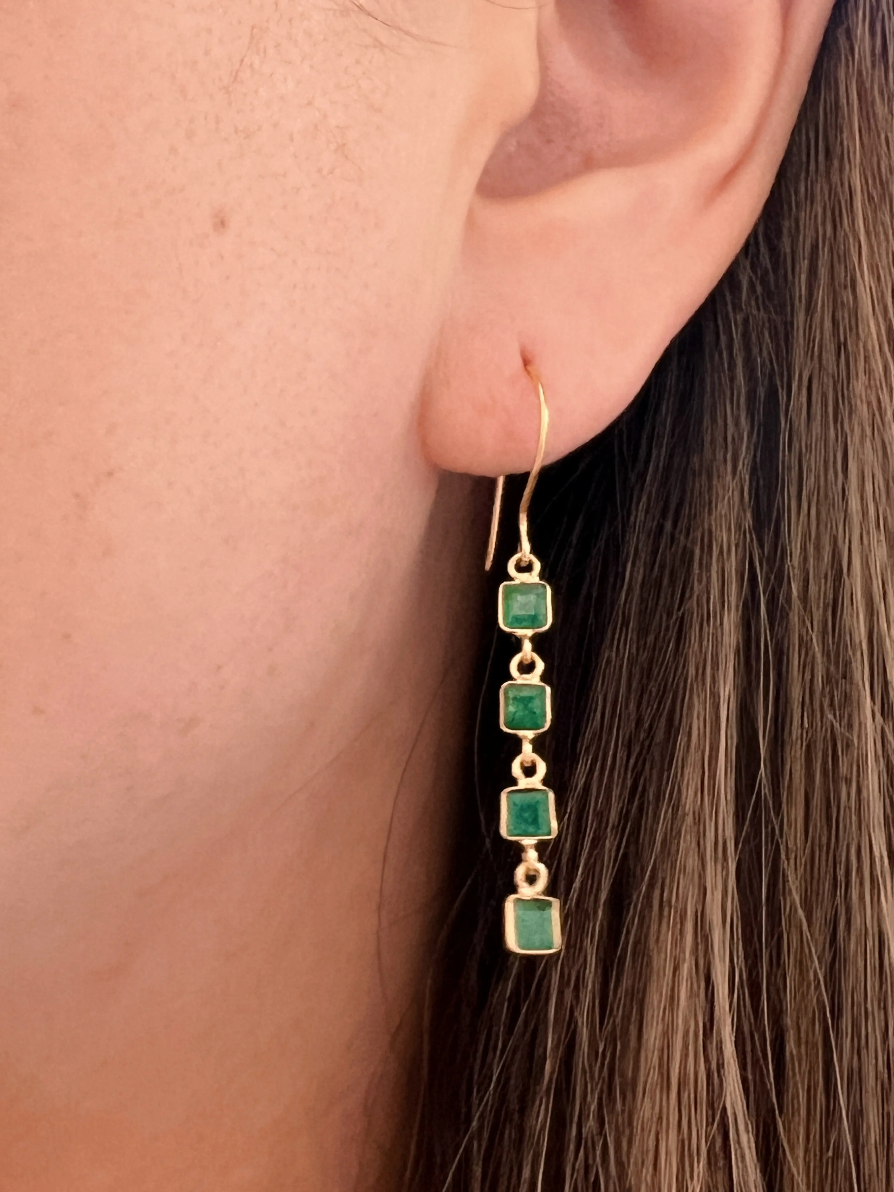 Square Emerald Yellow Gold Drop Earrings