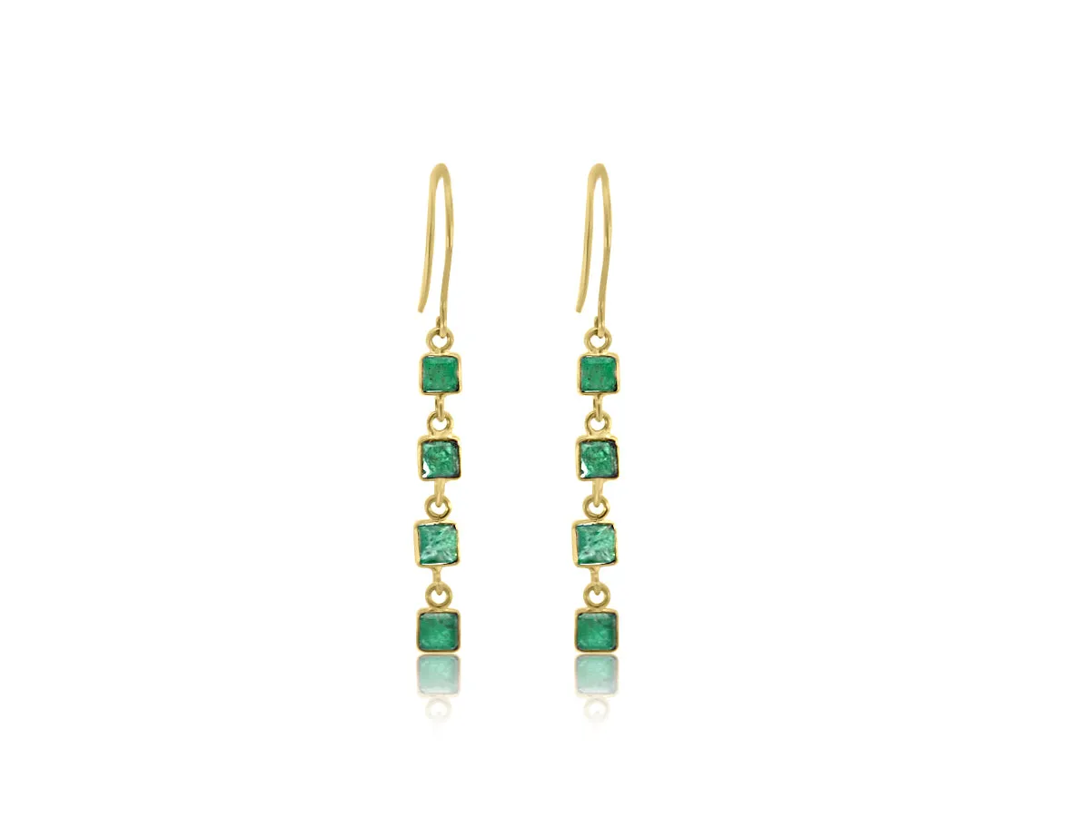 Square Emerald Yellow Gold Drop Earrings