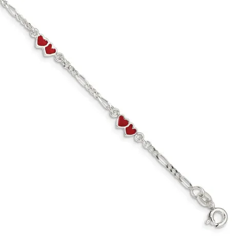 Sterling Silver Enameled Double Heart 5in Plus 1in ext Bracelet