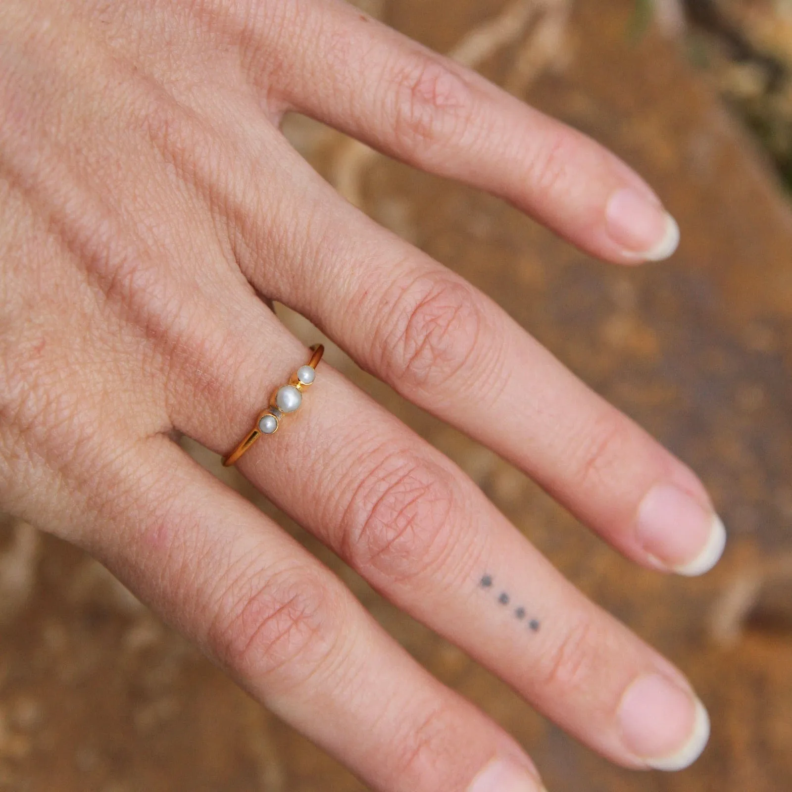 Tiny Graduated Three White Pearl in Gold Plated Brass Ring