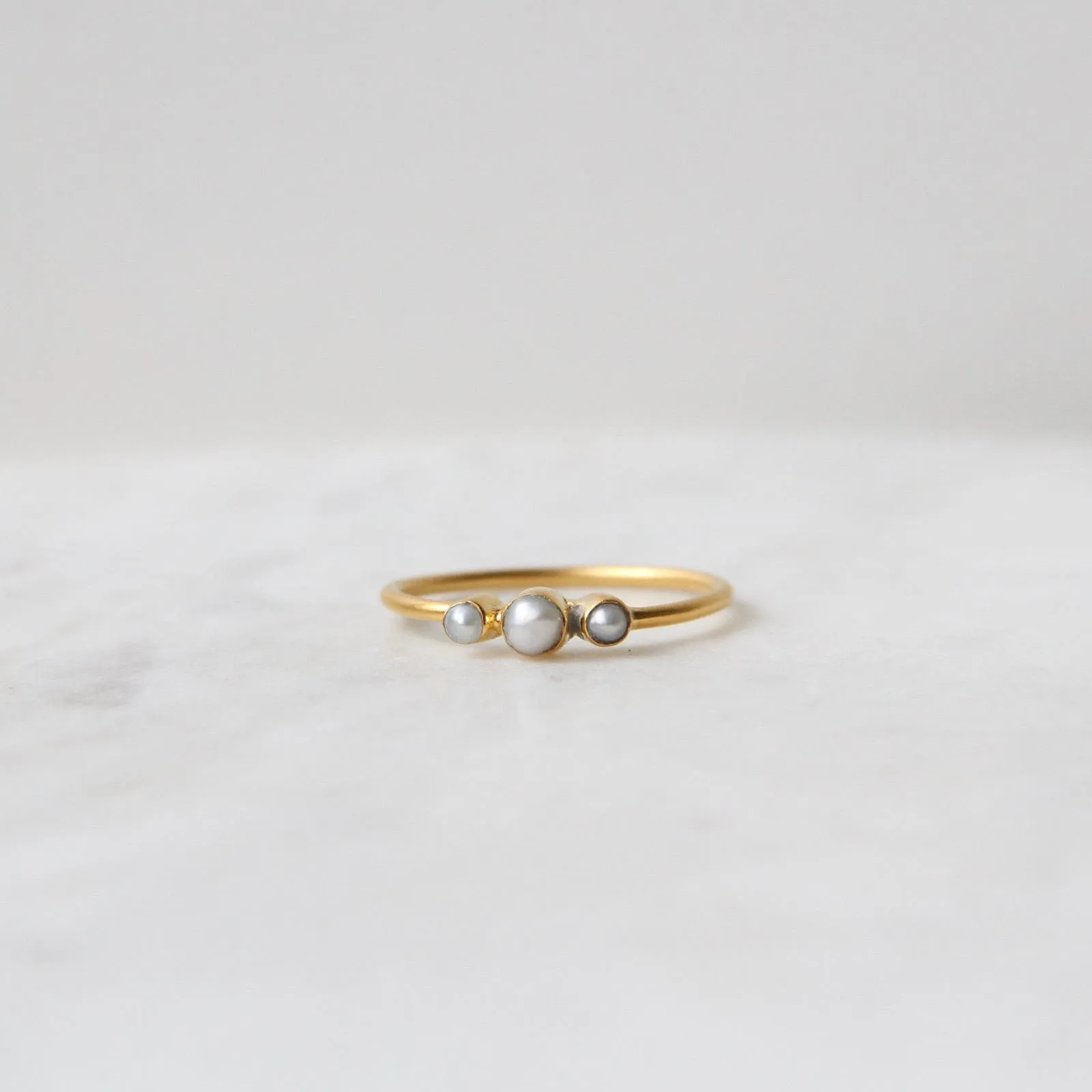 Tiny Graduated Three White Pearl in Gold Plated Brass Ring