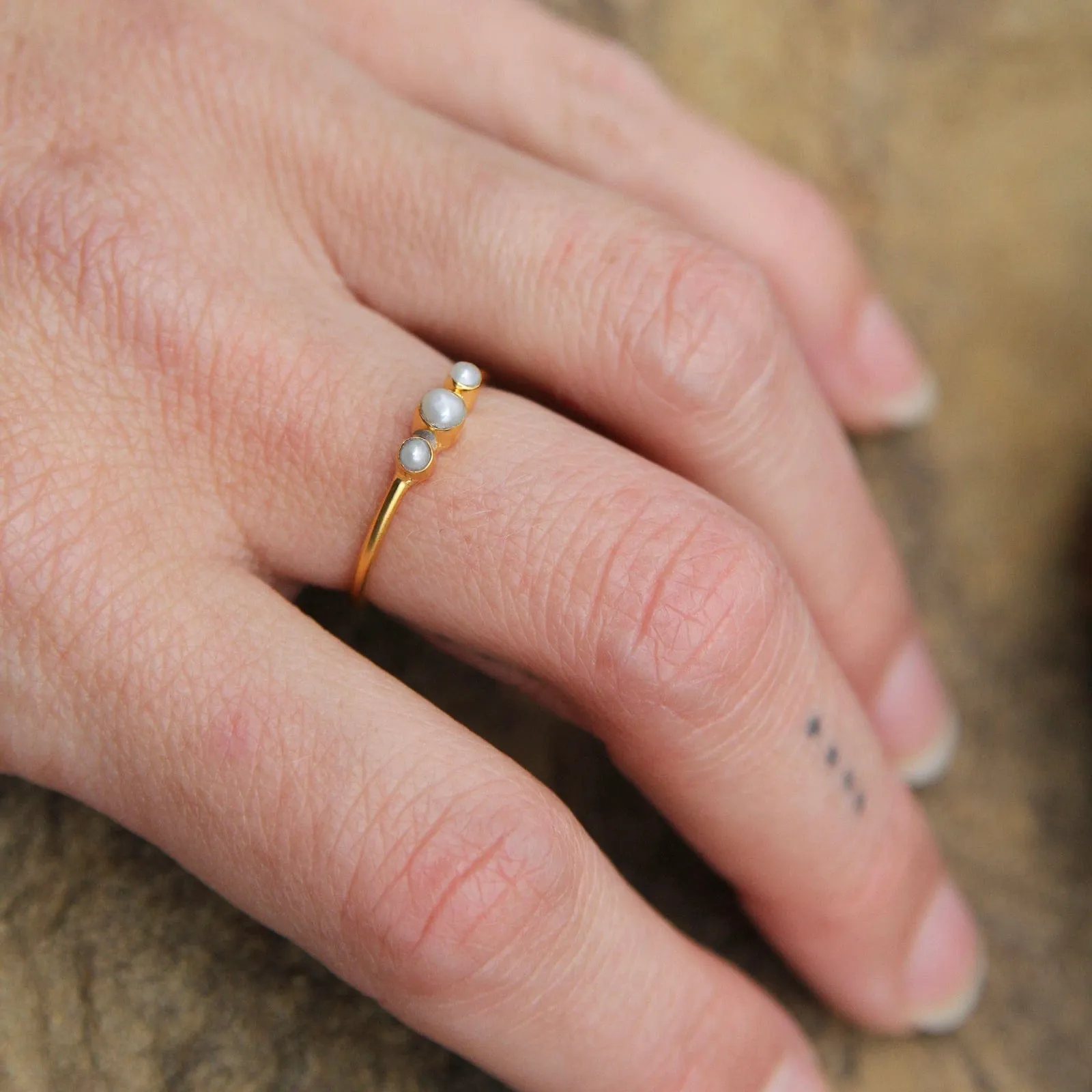 Tiny Graduated Three White Pearl in Gold Plated Brass Ring