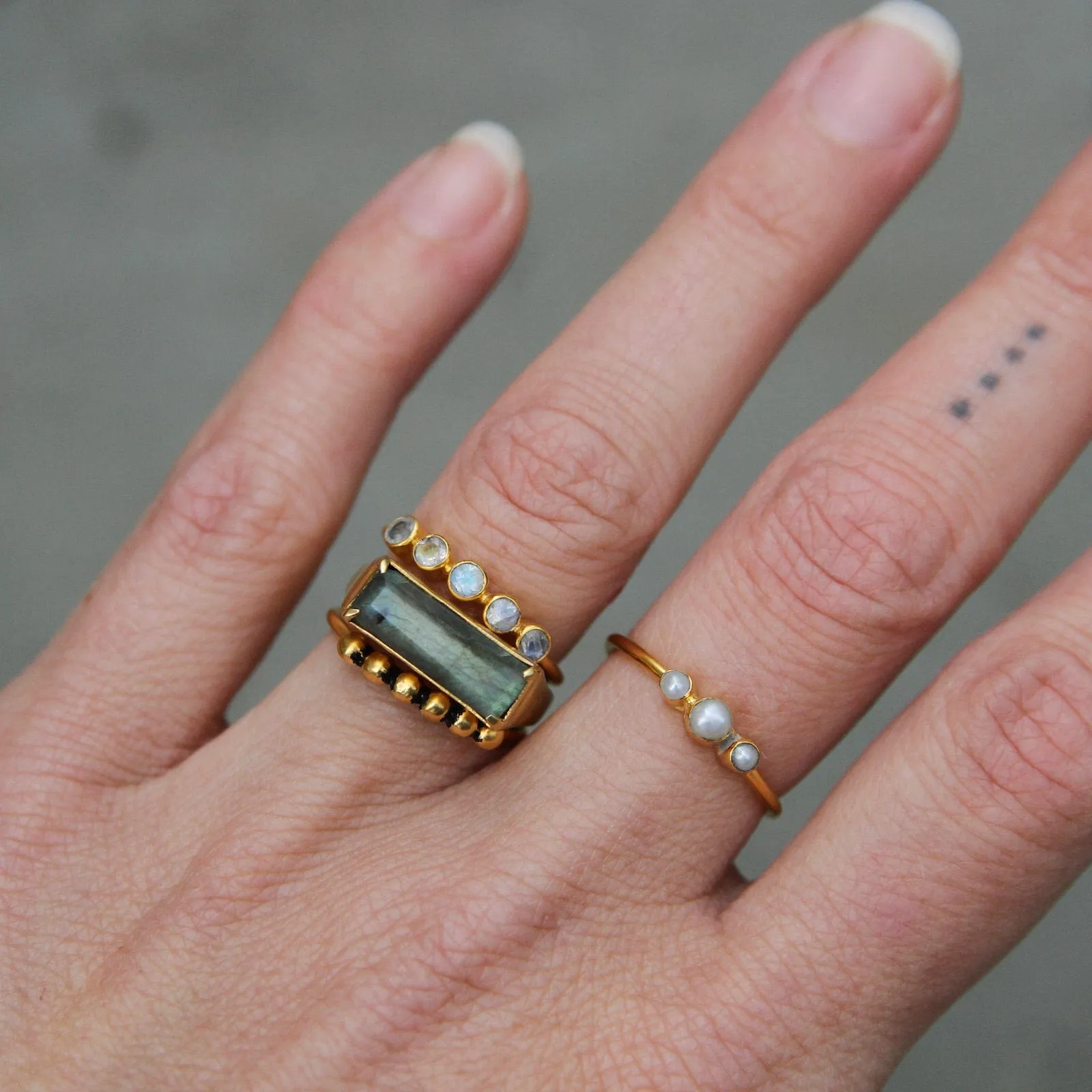 Tiny Graduated Three White Pearl in Gold Plated Brass Ring