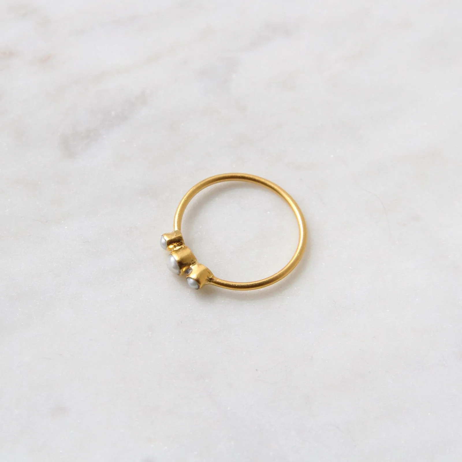 Tiny Graduated Three White Pearl in Gold Plated Brass Ring